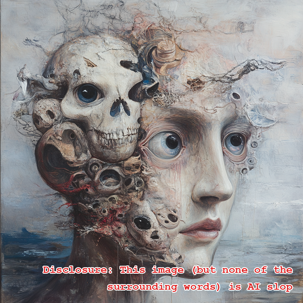 A painting of a head with other heads and skulls coming out of it