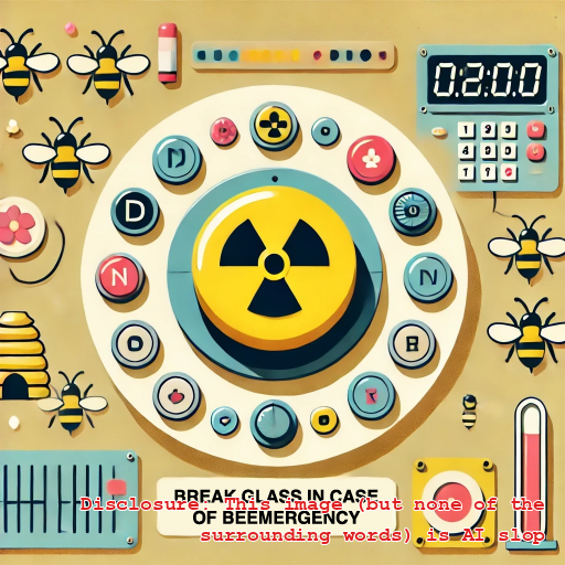 A big nuclear waste symbol in the center of a dial with a bunch of other buttons. and also some bees.