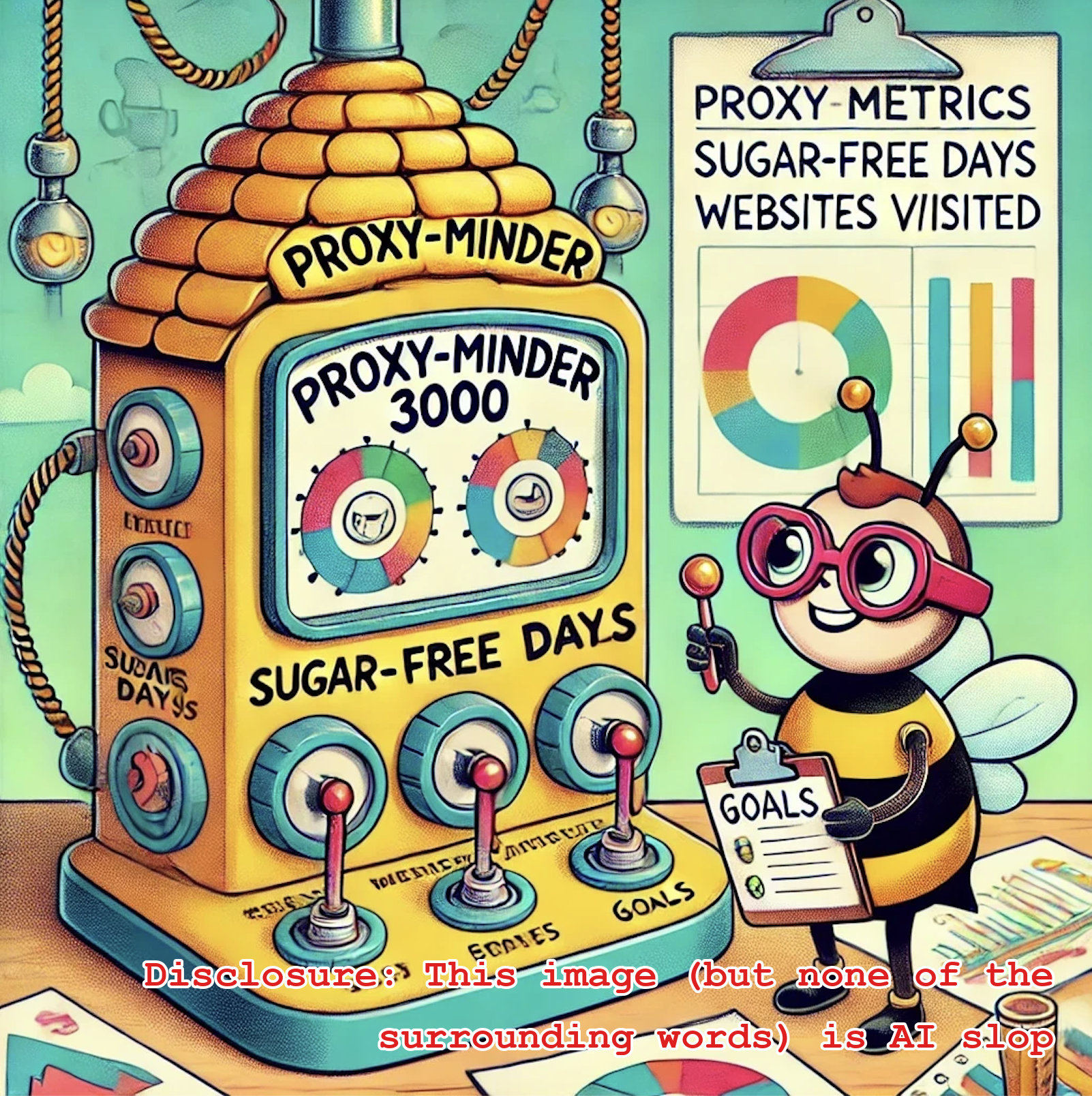 A silly nerd-bee in front of a machine that says Proxy-Minder 3000