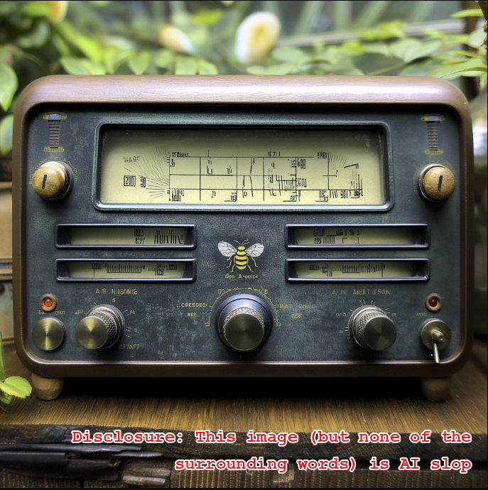A vintage radio with knobs and dials and a bee logo