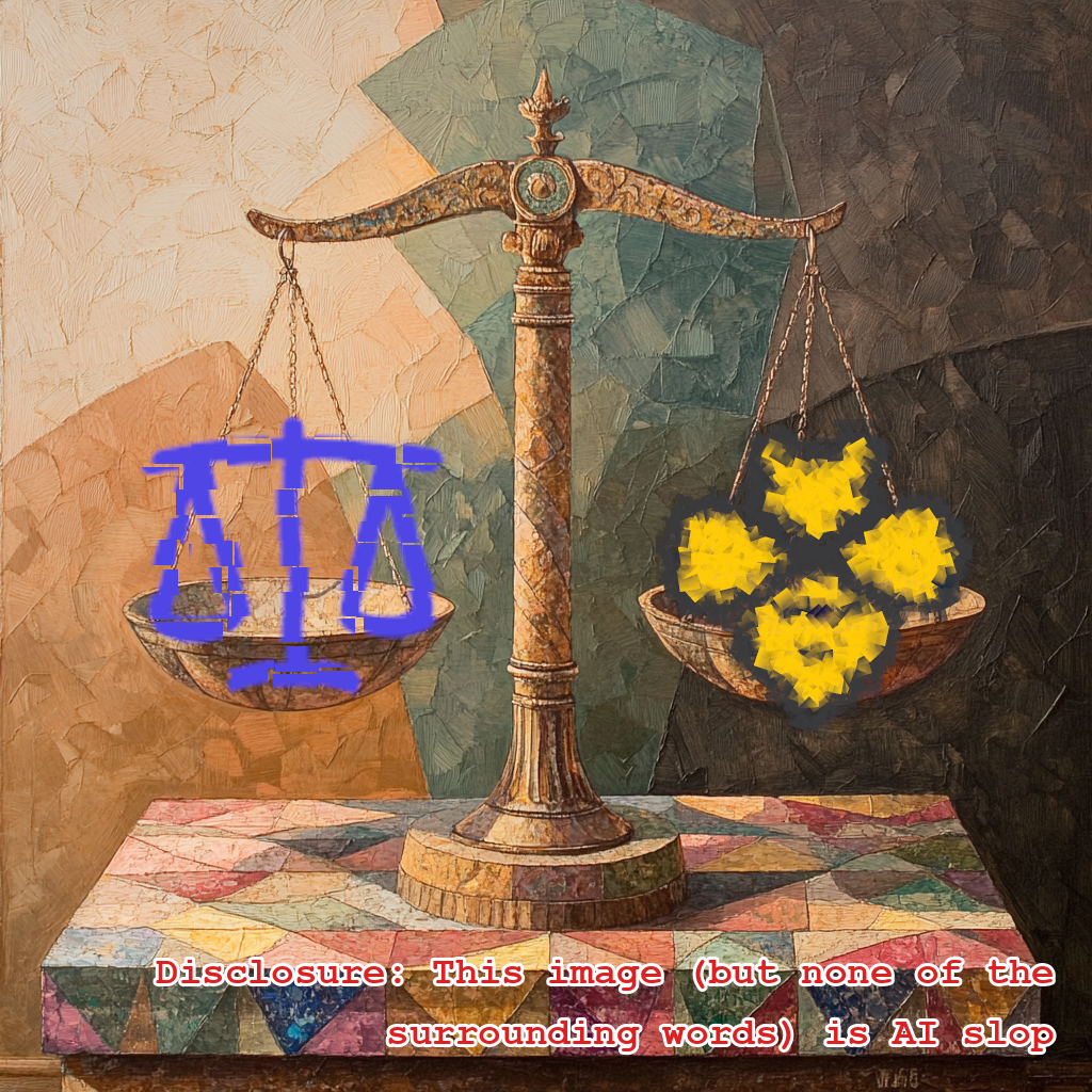 A balance scale with fuzzy renditions of the Fatebook and Beeminder logos