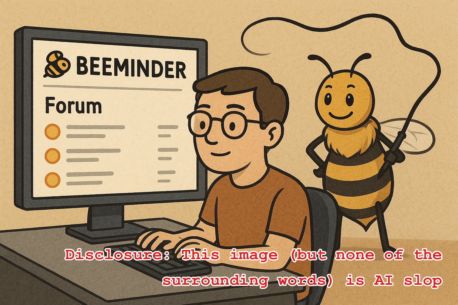 A bee cracking a whip to get someone to post to the Beeminder forum more