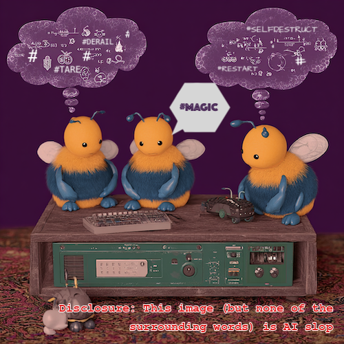 Three odd fuzzy bee-ish critters on a table with some electronics, talking math