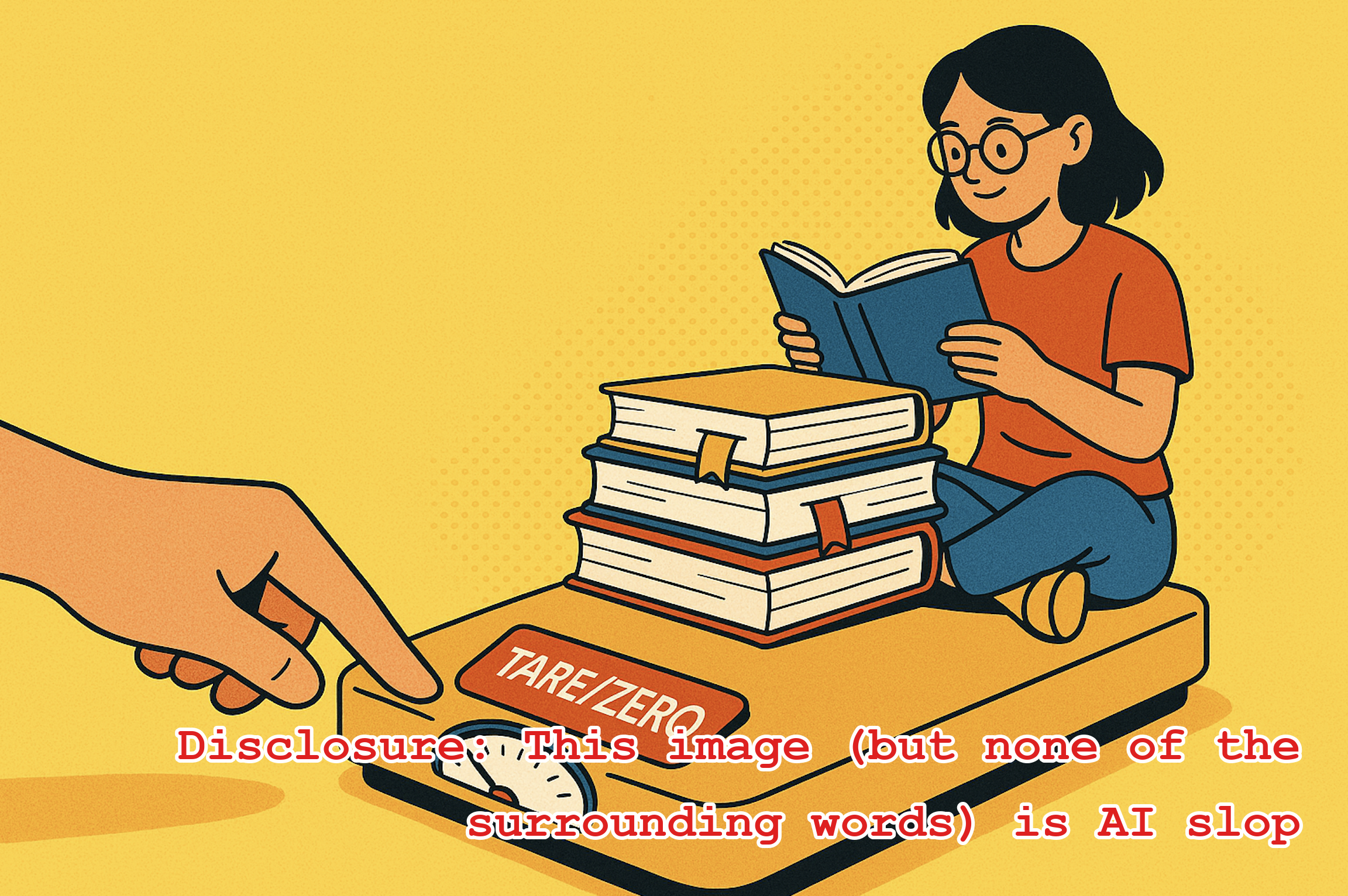 Someone sitting on a scale with a zero/tare button and a pile of books