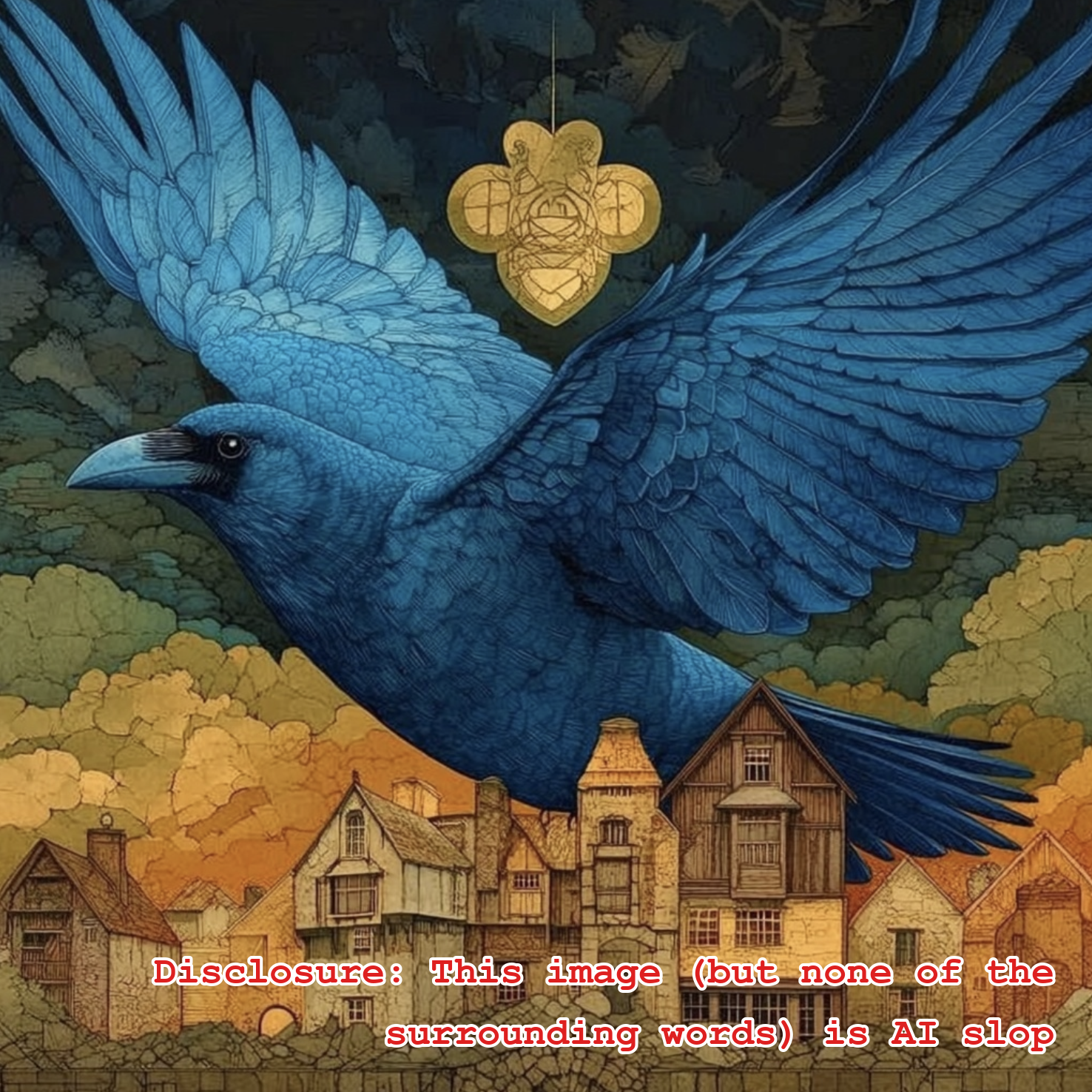 A large blue raven flies through a green and golden hued sunset, over a small village of quaint houses. There is an infinibee hanging in the V between the raven