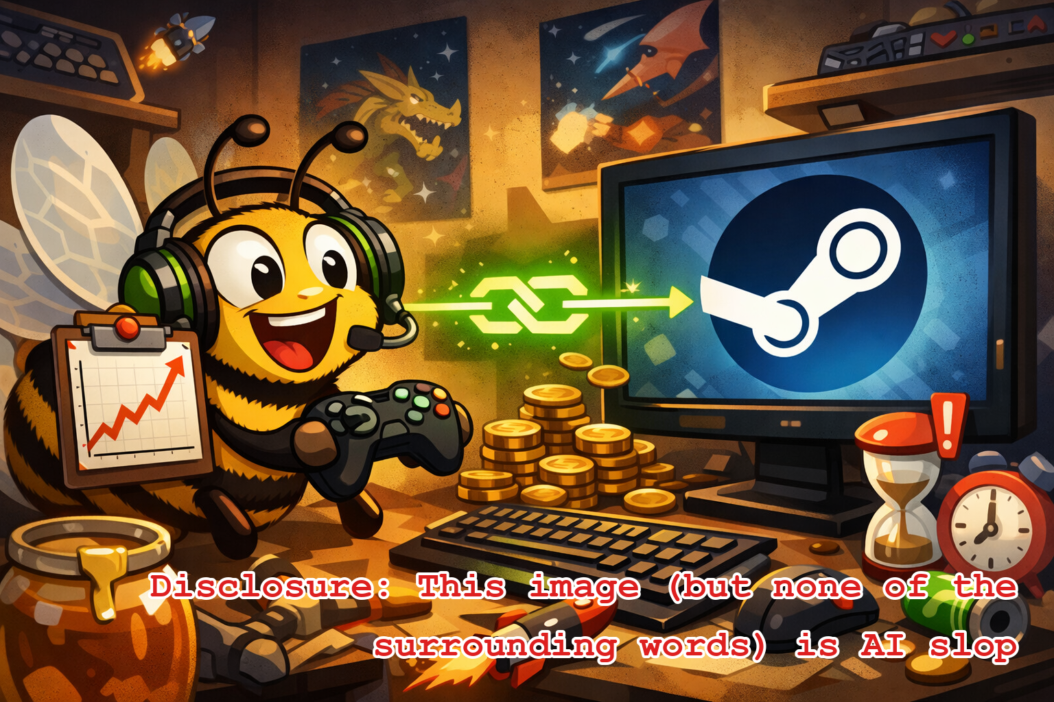 A bee playing video games on Steam