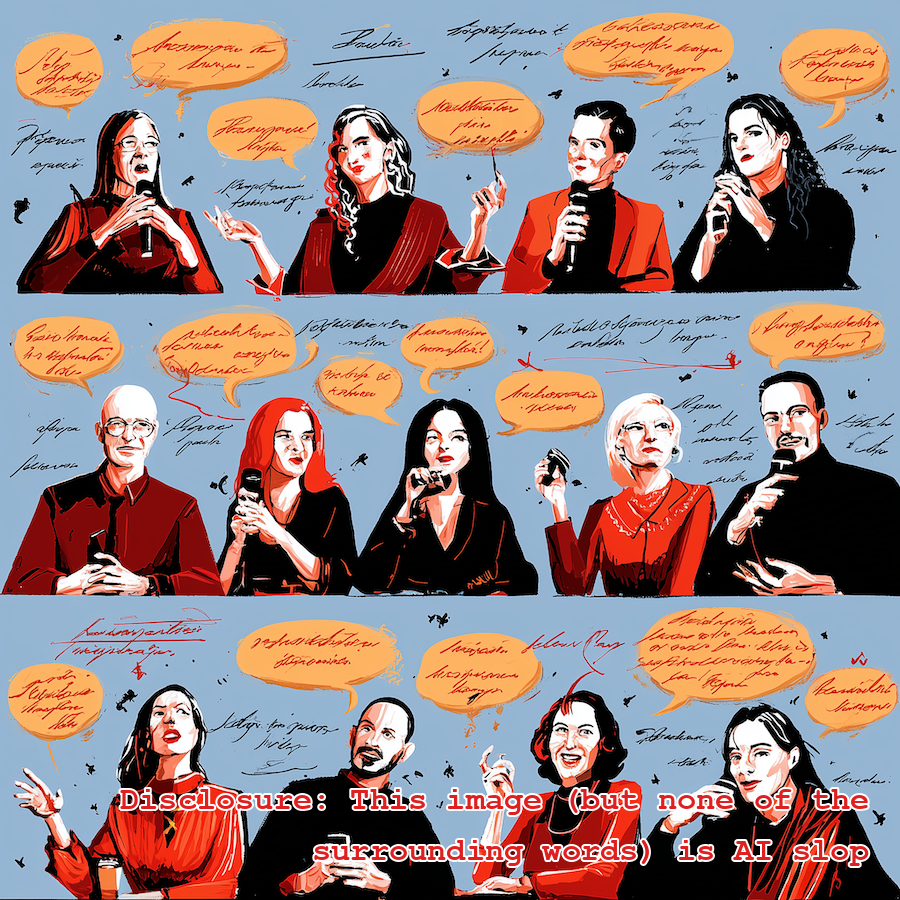 A drawing of 4 rows of people set up as a panel of experts, with talk bubbles full of illegible words