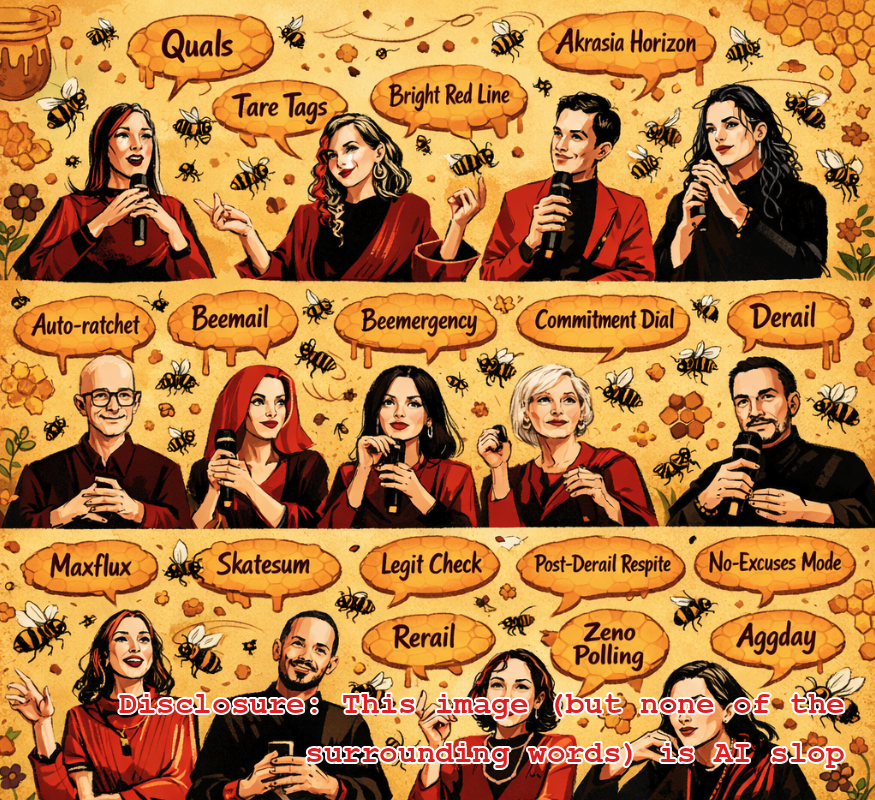 People with speech bubbles: quals * tare tags * bright red line * akrasia horizon * autodata * auto-ratchet * beemail * beemergency * commitment dial * derail * maxflux * skatesum * legit check * post-derail respite * no-excuses mode * pledge * rerail * zeno polling * aggday