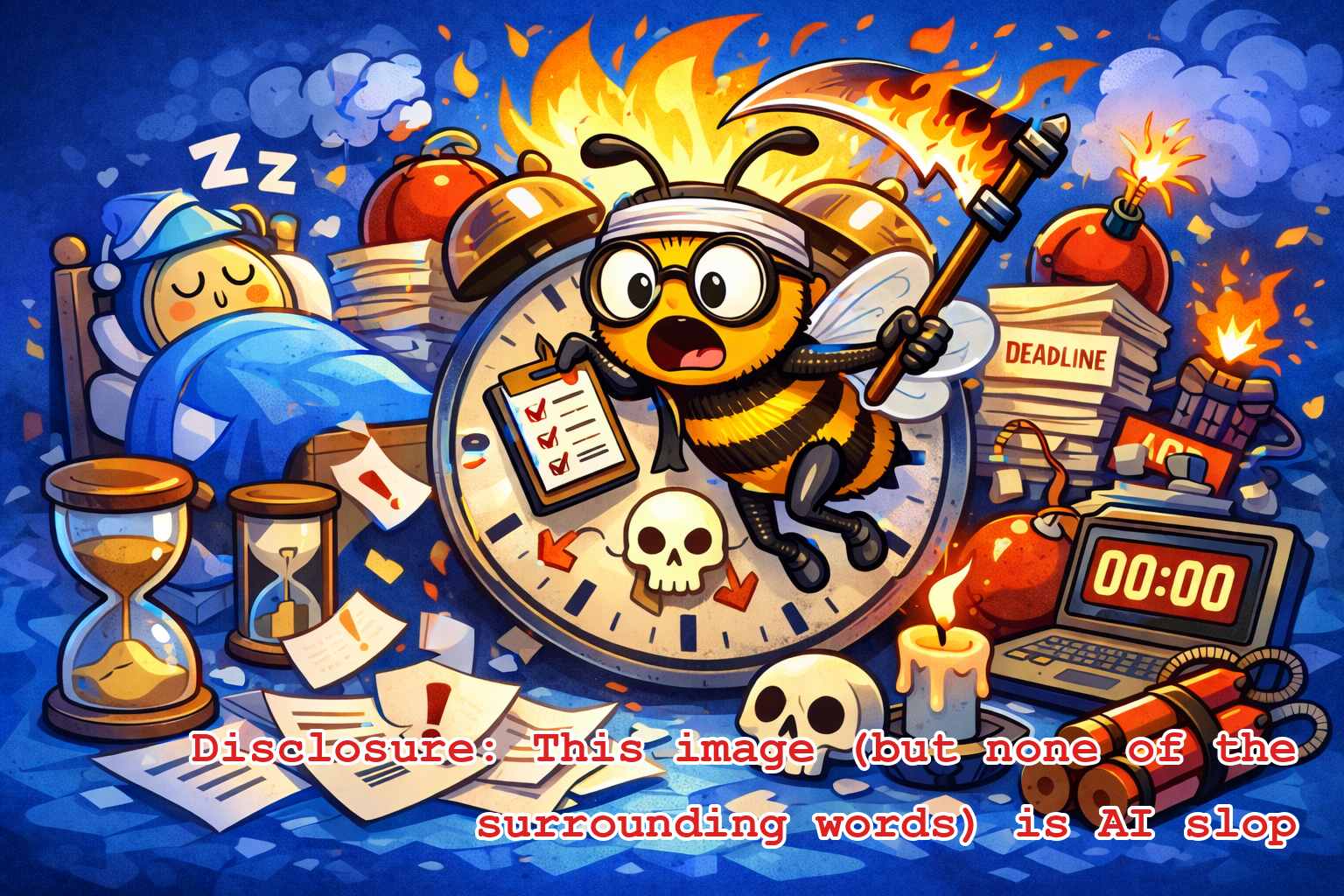 Bee with sickle and another bee snoozing and dynamite and skulls and candles and hourglasses oh my